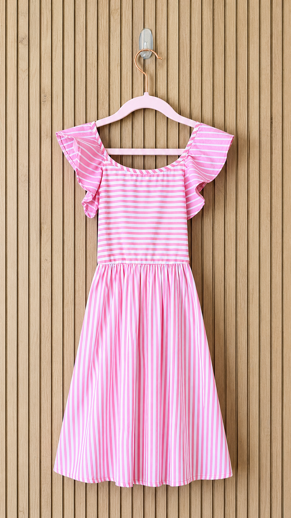 Pink Striped Flutter Sleeve Dress
